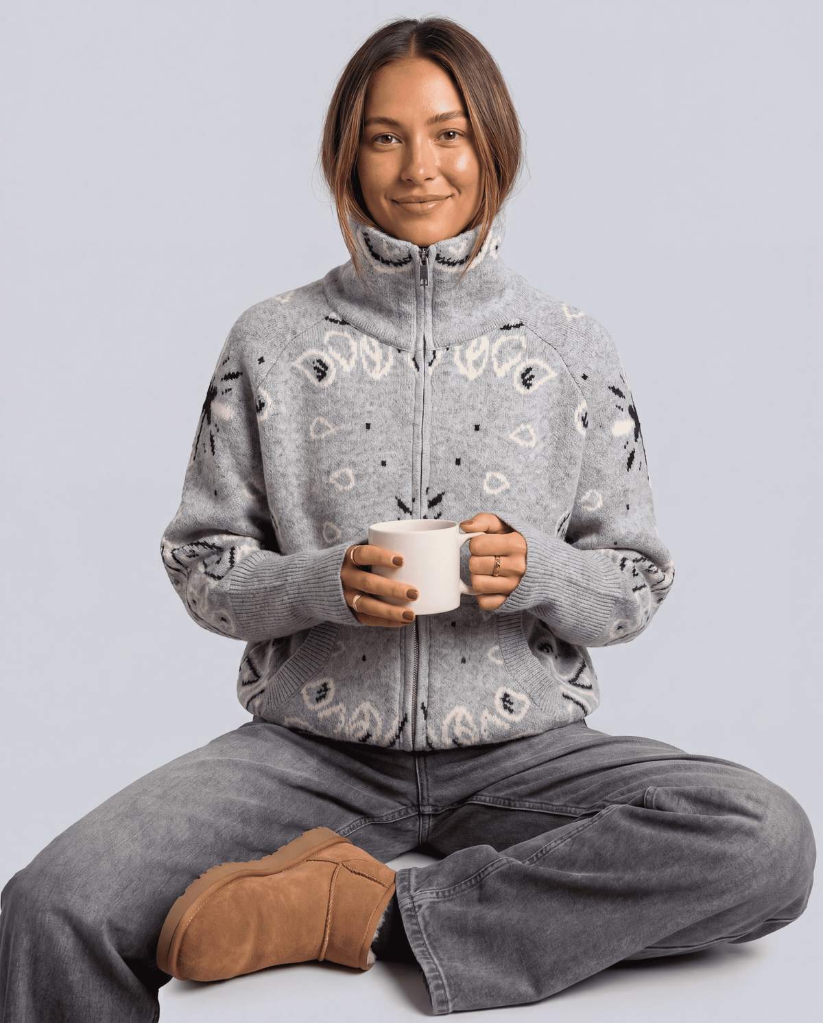 Women's Boho Jacquard Zip Stand Collar Cardigan | XS–L | 5 Colours