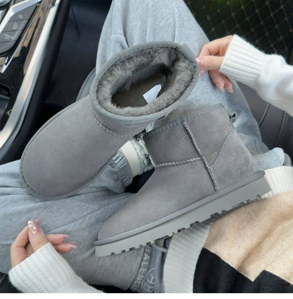 Grey Women's Sheepskin Wool Fur Leather Snow Boots
