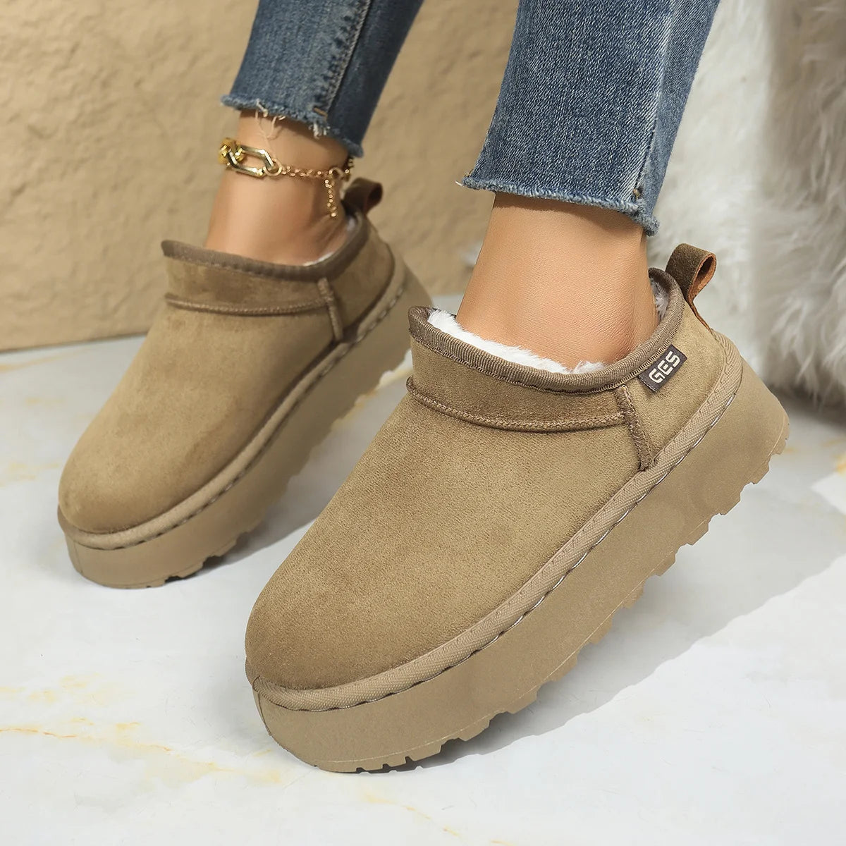 Khaki Women's Cashmere Warm Thick-Sole Snow Slipper Boots