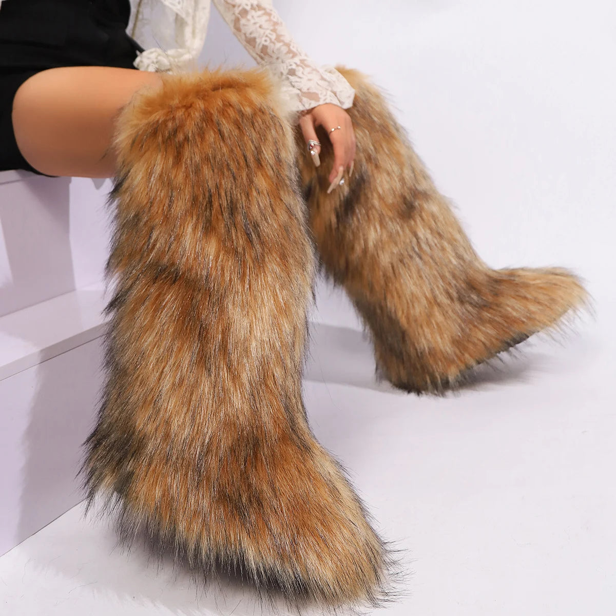 Raccoon Fur Women's Over-The-Knee Fur Trim Snow Boots