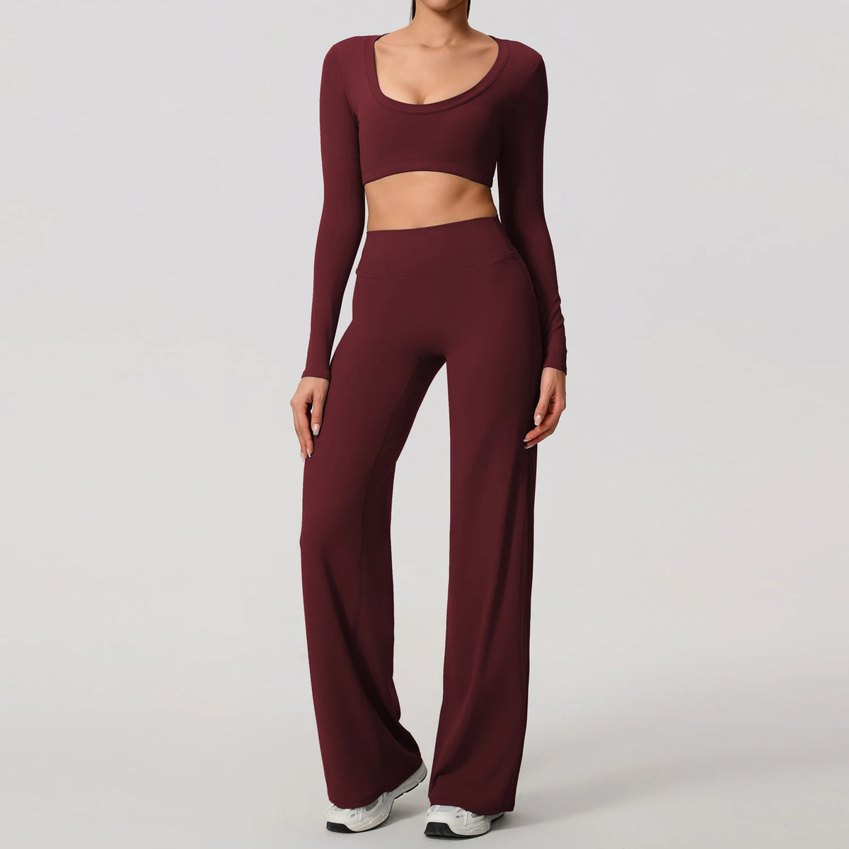 Dark Red Women's Long Sleeve Backless Fitness Set 2-Piece