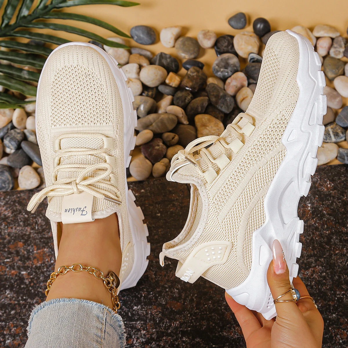 Beige Women's Mesh Breathable Soft Sole Sports Shoes