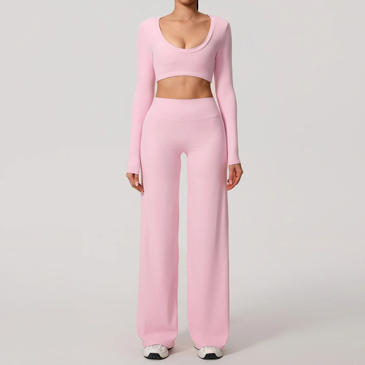 Pink Women's Long Sleeve Backless Fitness Set 2-Piece