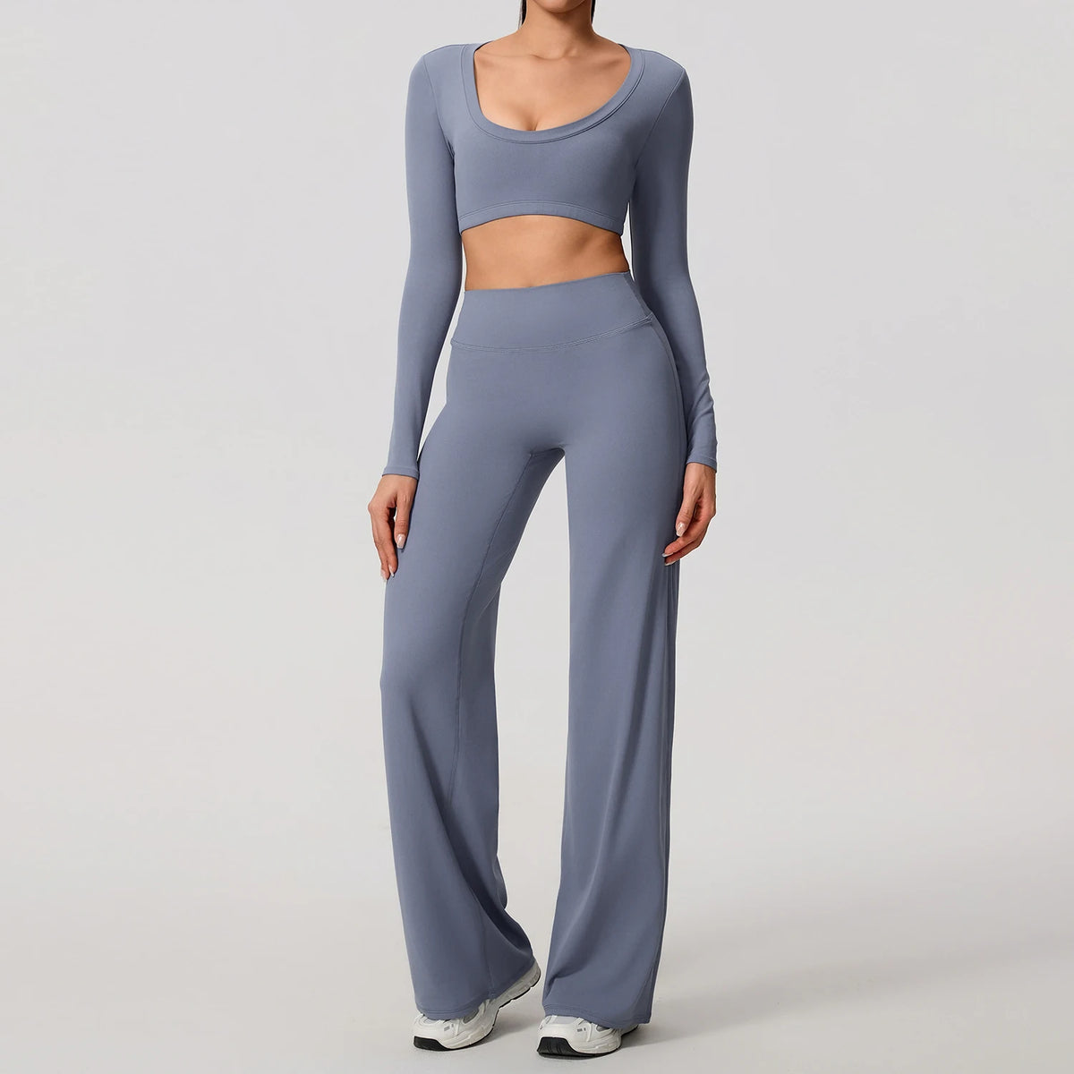 Granite Blue Women's Long Sleeve Backless Fitness Set 2-Piece
