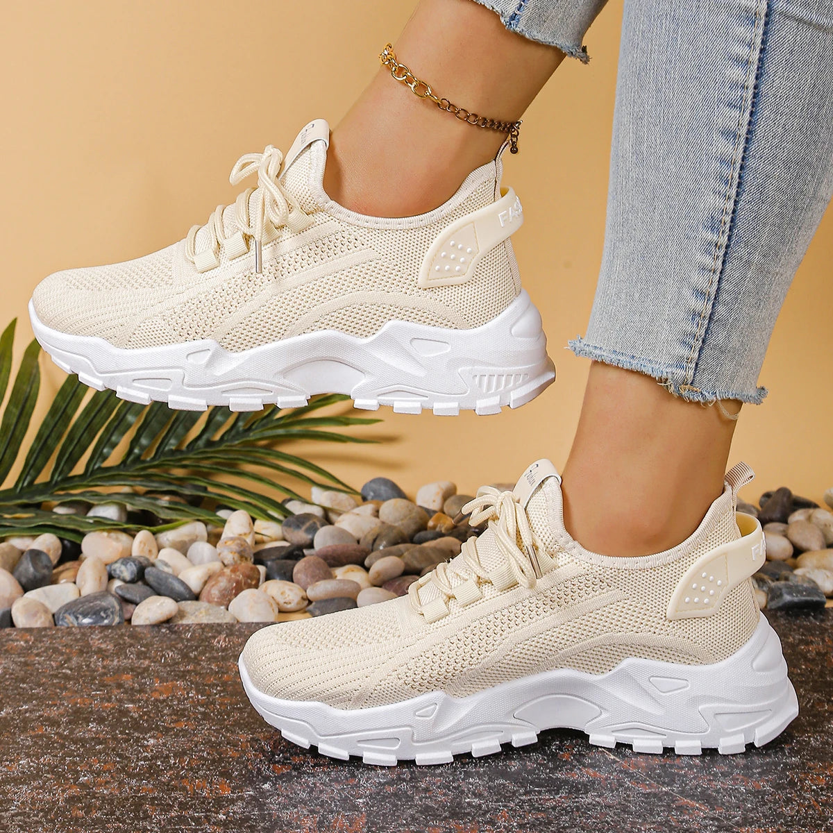 Beige Women's Mesh Breathable Dad Casual Sports Shoes