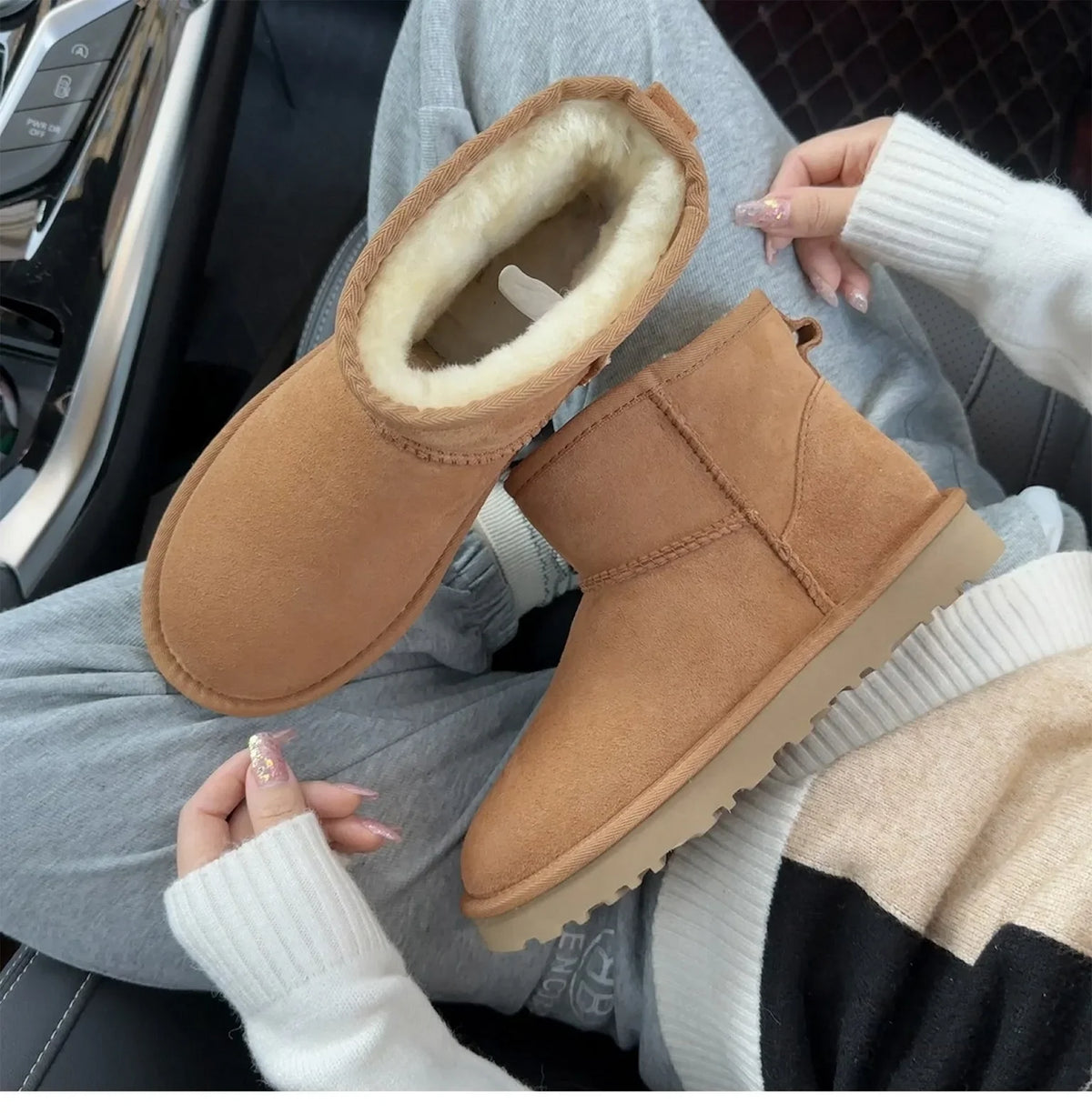 Brown Women's Sheepskin Wool Fur Leather Snow Boots