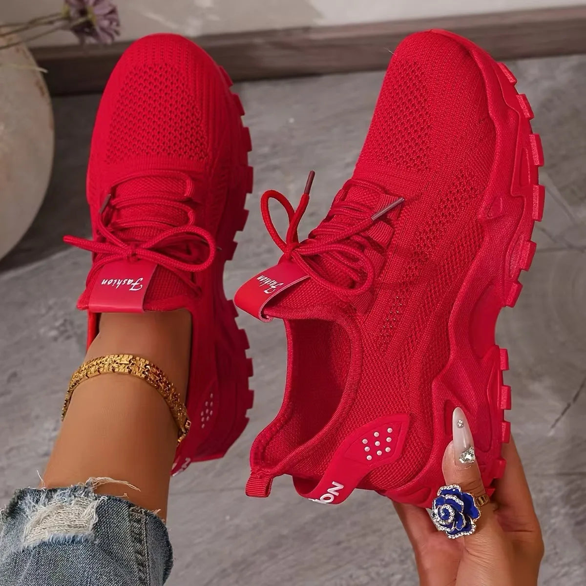 Red Women's Mesh Breathable Dad Casual Sports Shoes