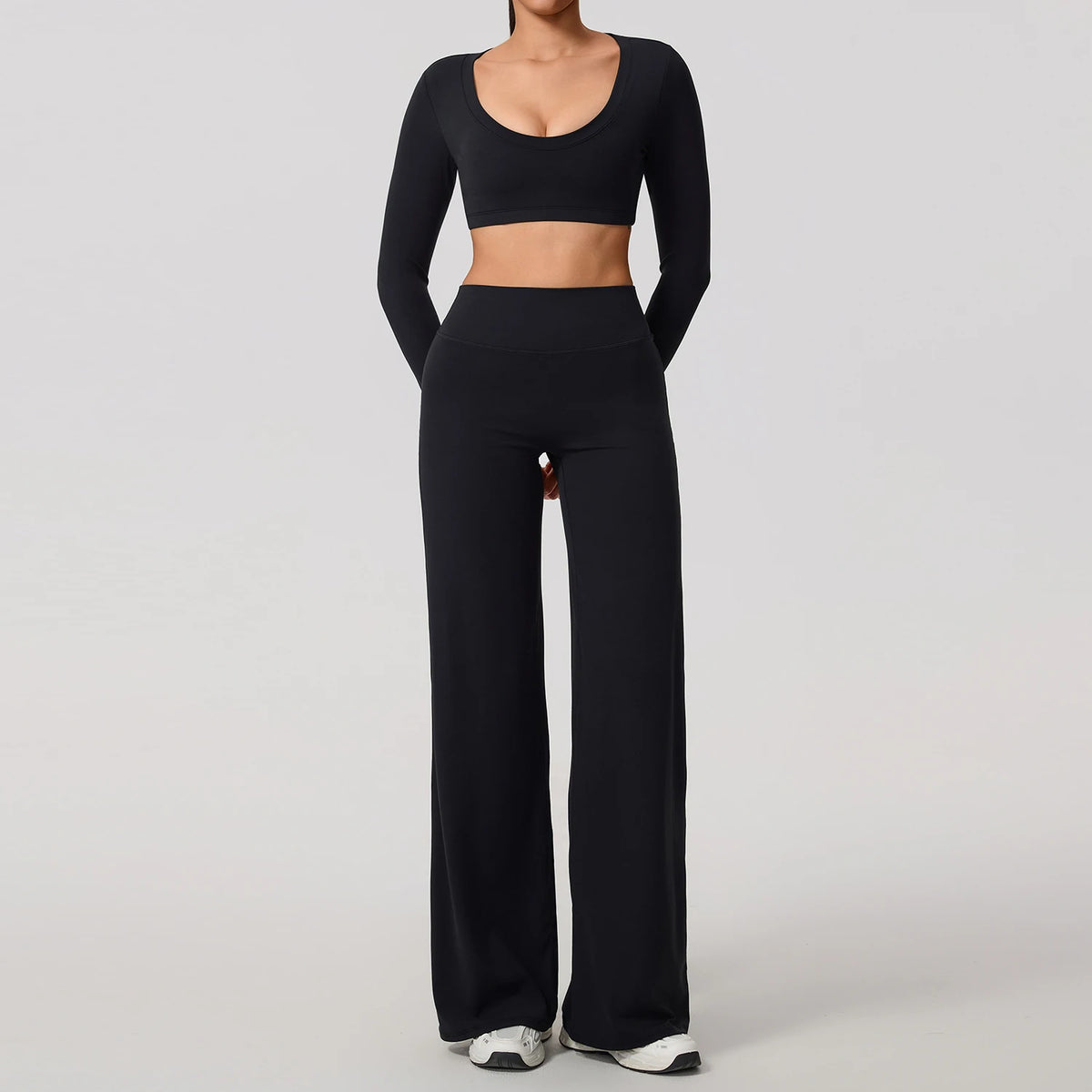 Black Women's Long Sleeve Backless Fitness Set 2-Piece
