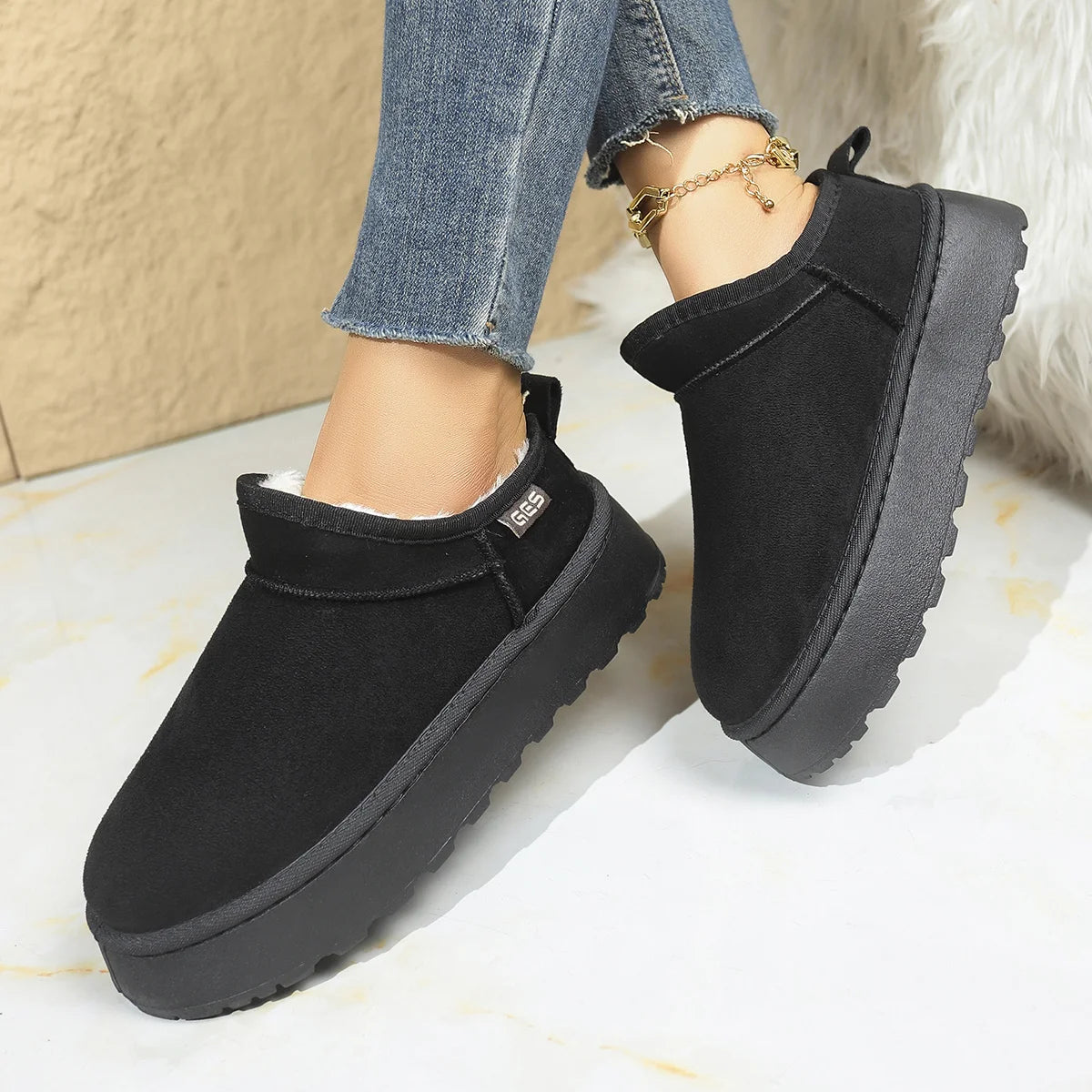 Black Women's Cashmere Warm Thick-Sole Snow Slipper Boots