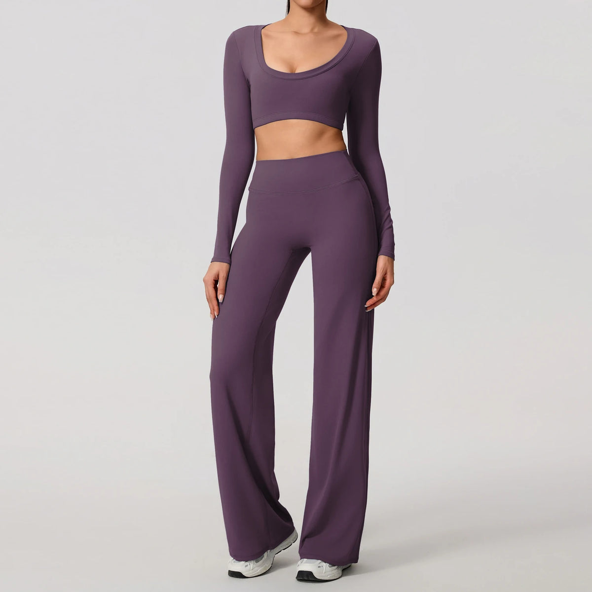 Purple Women's Long Sleeve Backless Fitness Set 2-Piece