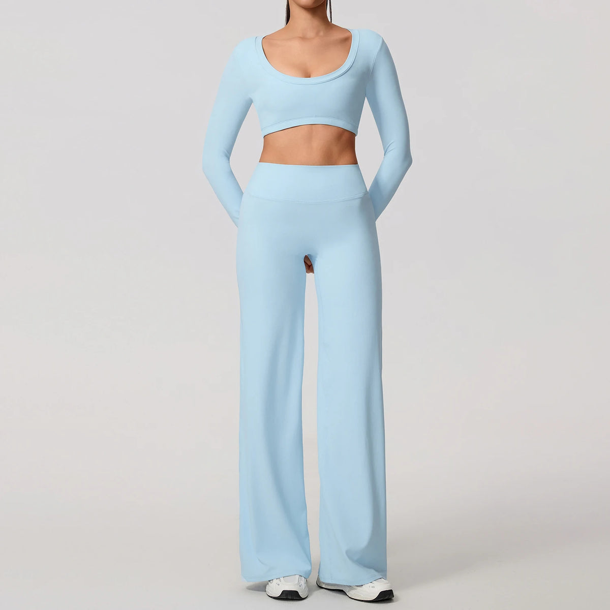 Cloud Blue Women's Long Sleeve Backless Fitness Set 2-Piece
